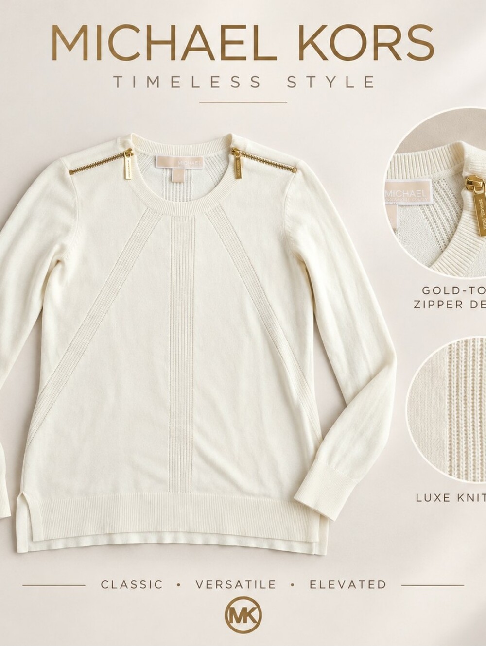 Michael Kors Cream and Gold Long Sleeve Crewneck Sweater Size Small